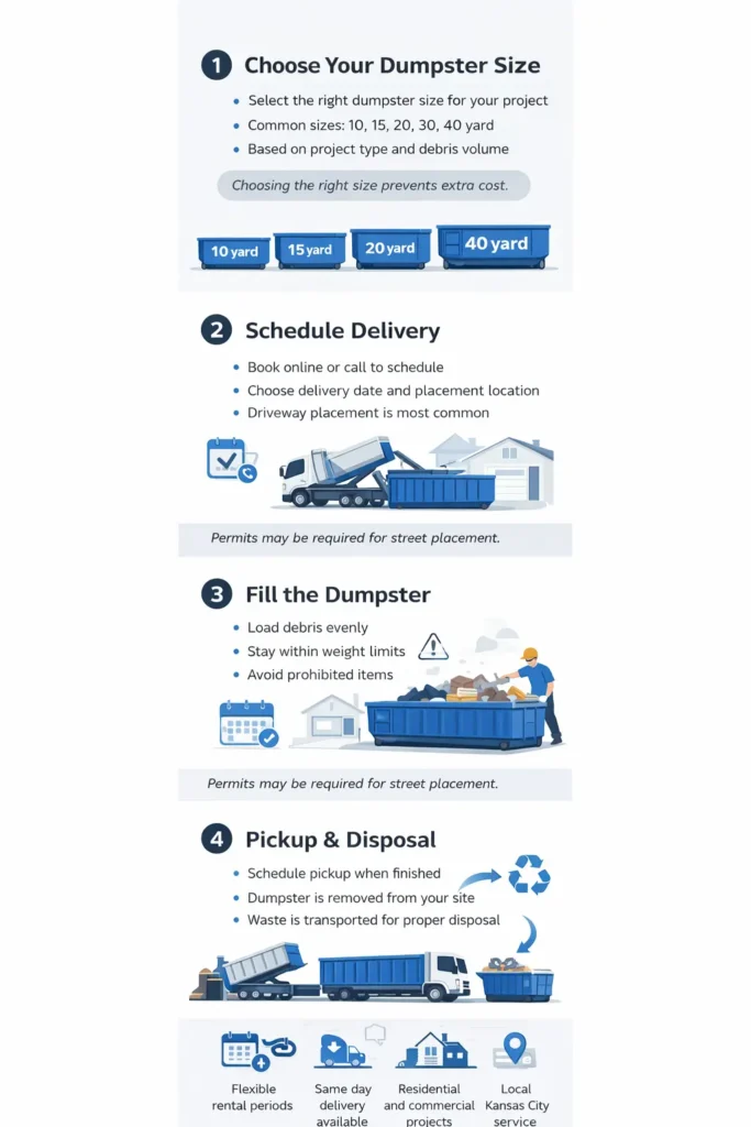 how dumpster rental works in kansas city step by step infographic showing dumpster delivery pickup process