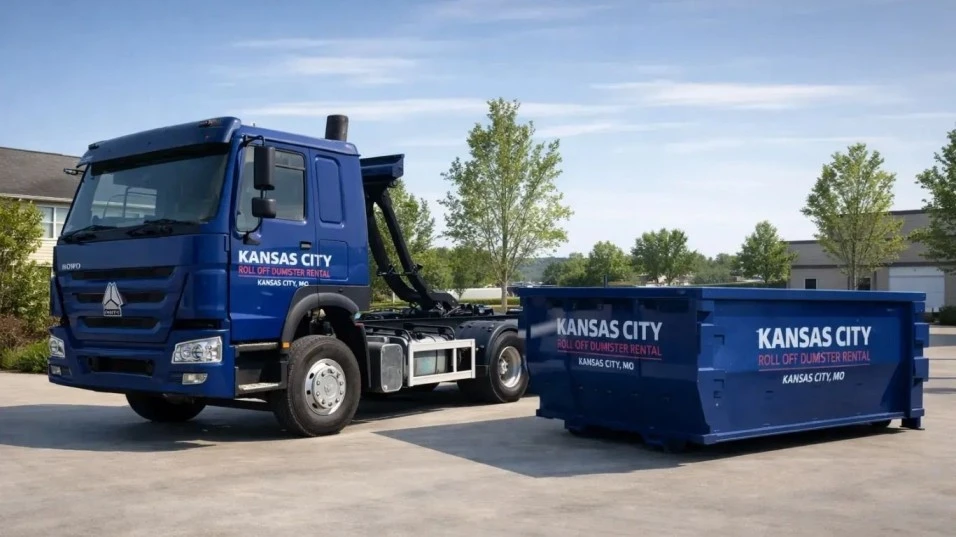 Kansas City roll off dumpster rental truck delivering blue dumpster at clean residential job site in Kansas City USA