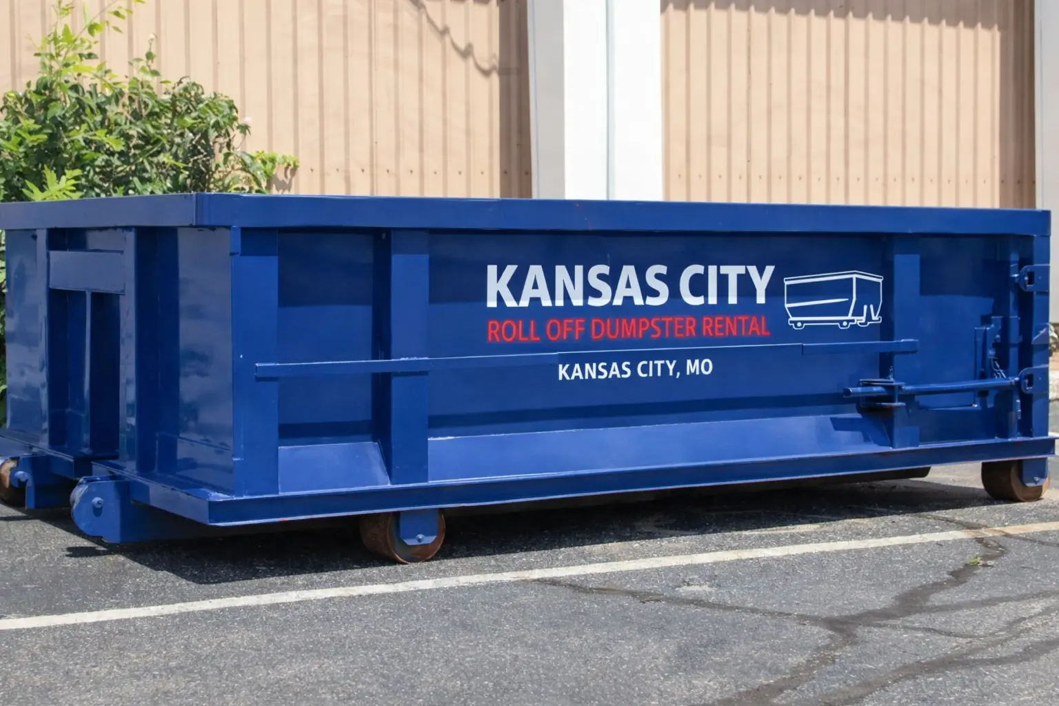 20 yard blue roll off dumpster rental in Independence Missouri residential driveway