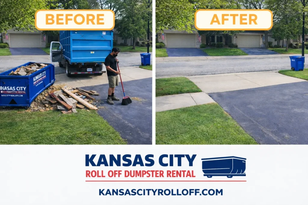 Before and after driveway cleanup using roll off dumpster rental in Kansas City