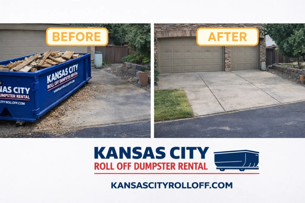 Before and after residential driveway cleanup with roll off dumpster rental in Kansas City MO