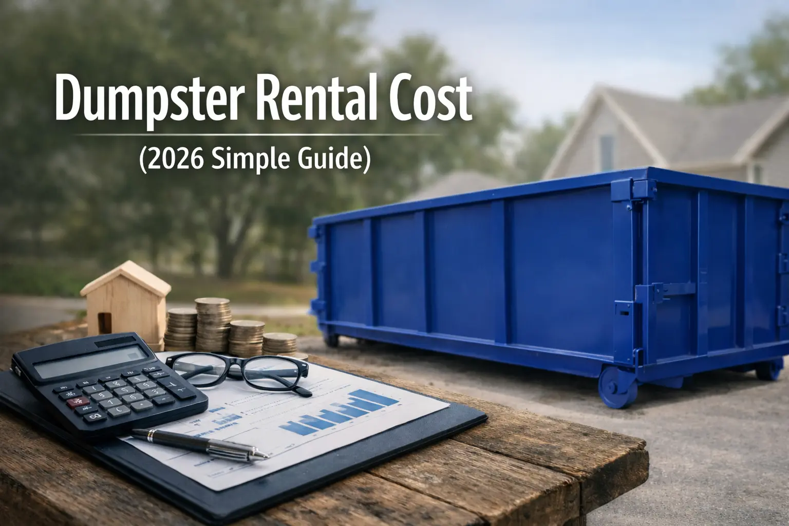 Dumpster rental cost guide 2026 with blue roll off dumpster and pricing concept