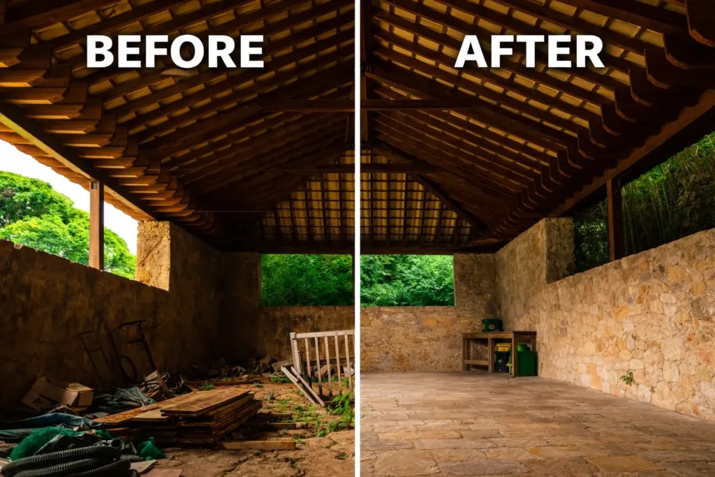 before and after dumpster rental kansas city mo showing garage cleanout result with cluttered space transformed into a clean open area