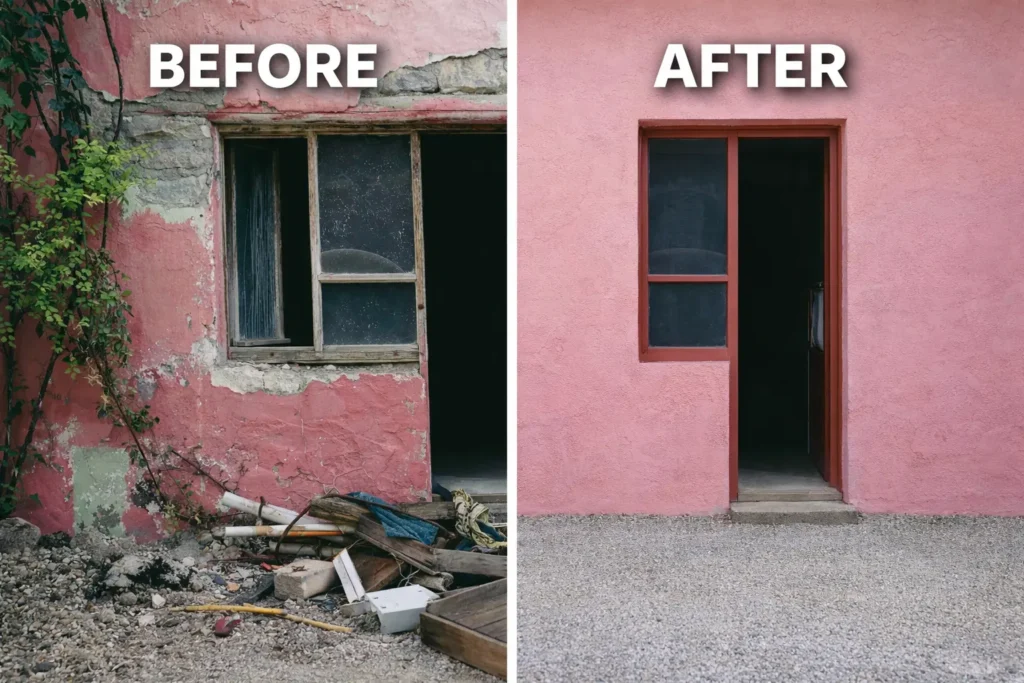 before and after dumpster rental kansas city mo showing yard cleanup with storm debris, branches, and leaves removed leaving a clean outdoor space